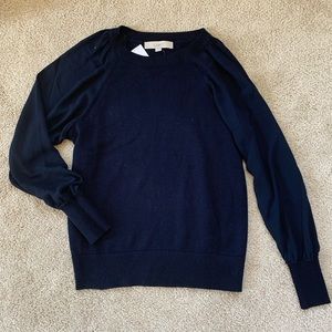 LOFT navy sweater with silk sleeves